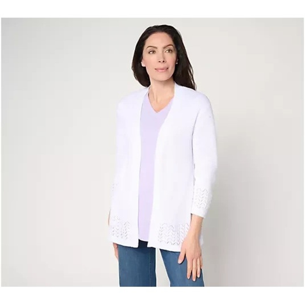 Denim & Co. Beach Pointelle Sweater Cardigan White, Medium